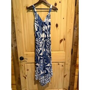 Goa Beachwear by Japna Blue Tropical Print Tassel Ruffle Jumpsuit Small Womens